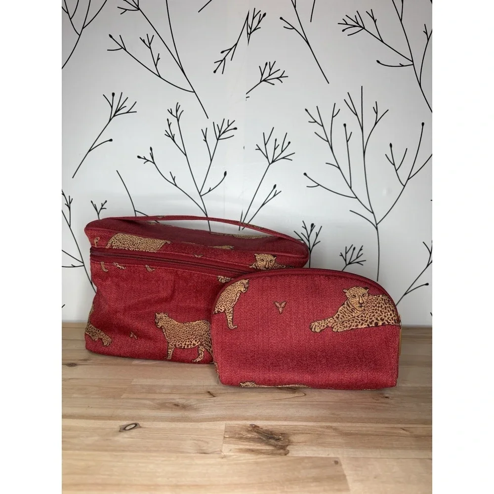 VTG Red Cheetah Print Fabric Makeup Bag & Case Set with Zipper and Handle